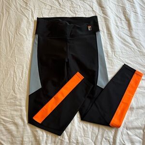 P.E Nation Black and Orange Leggings with Bold Stripes